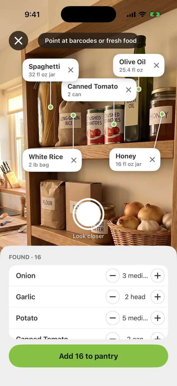 The pantry scanner on a pantry: cards pinned to the spaghetti, rice, canned tomatoes, olive oil and honey, and 16 found in the list